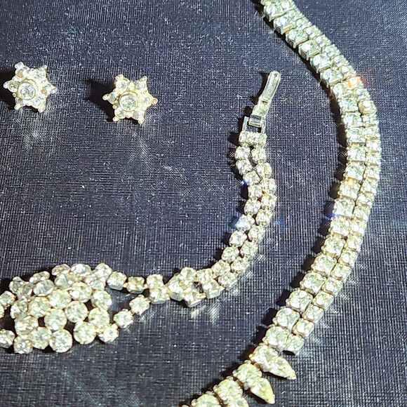 Faceted Rhinestone Set Necklace Bracelet Convertible Earrings VTG Estate Jewelry - Picture 5 of 14